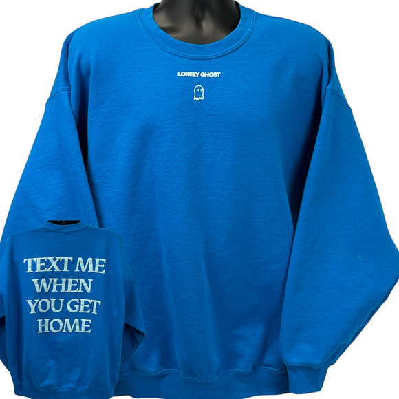 Lonely Ghost Text Me When You Get Home Sweatshirt Mens 2XL XXL Blue Crewneck - Picture 1 of 9